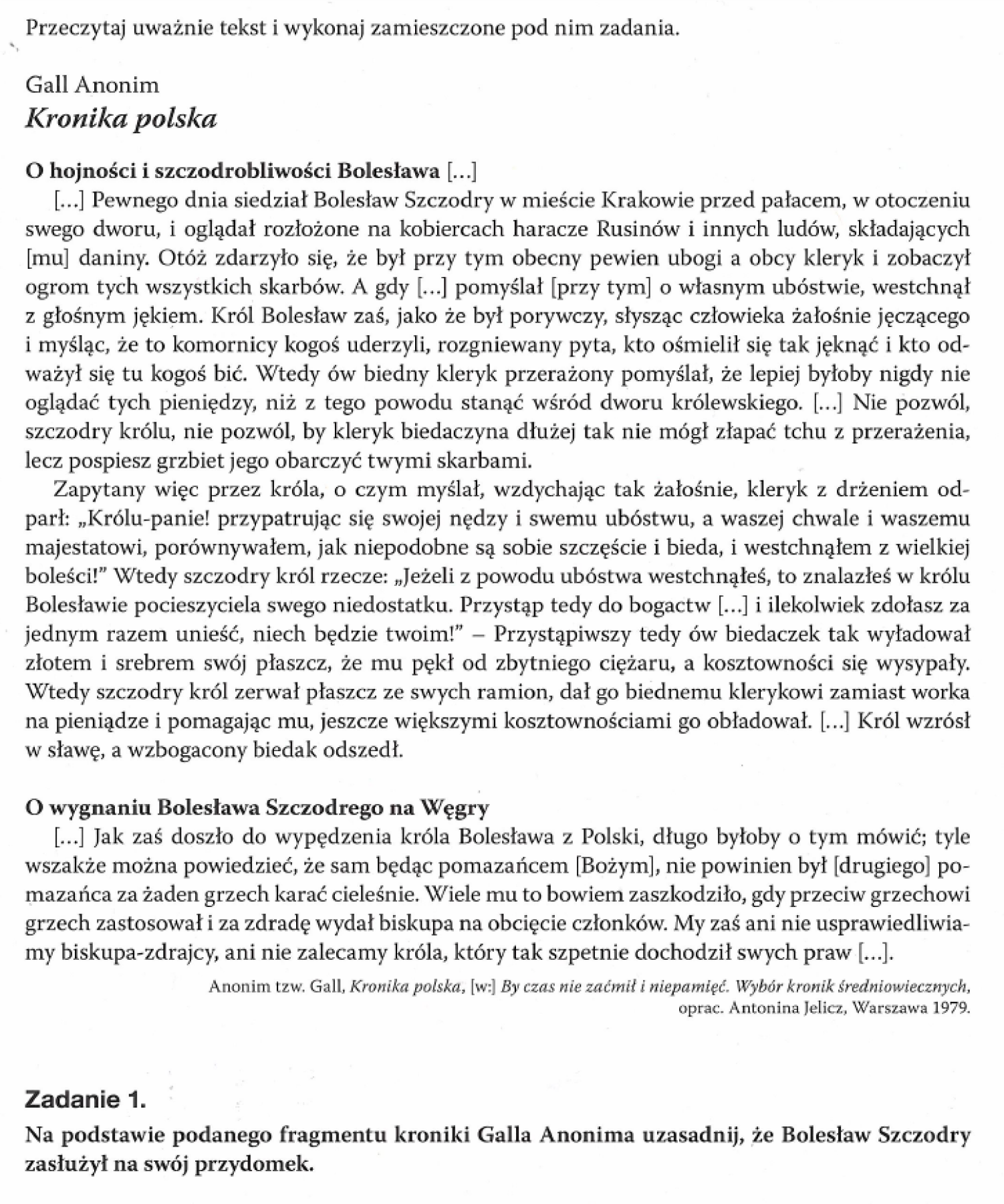 Zdjęcie przedstawia treść zadania maturalnego z lektury "Kronika polska" Galla Anonima